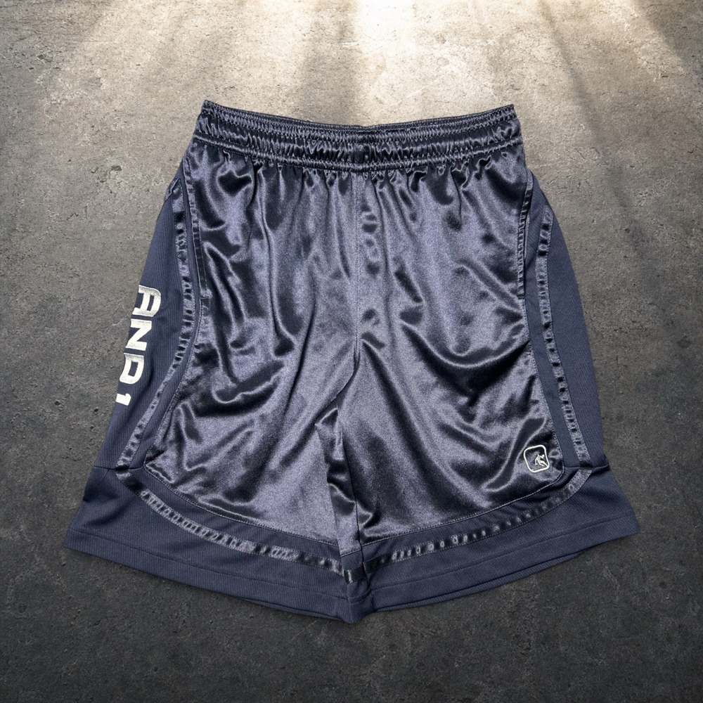 AND1 Navy Blue Shiny Satin Basketball Shorts Mesh Panels Size Medium Y2K Retro